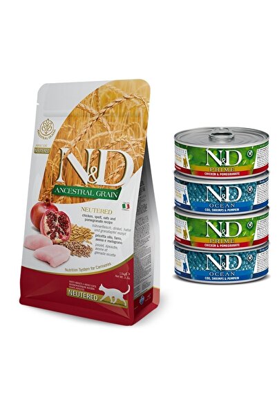 N&D Düşük Tahıllı Tavuk Ve Nar Kısırlaştırılmış Kedi Maması 5 kg + 4 Adet Nd ...