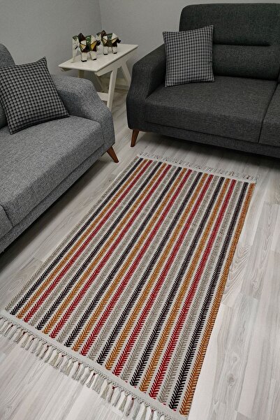 kilim home Cotton Serisi Multy Tonlar Çizgi Desenli Dekoratif Dokuma Taban Kilim
