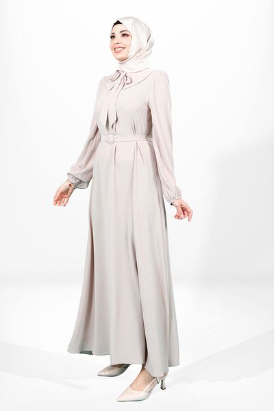 Beyza Beige Color Hijab Dress with Belted Collar and Tie Detail 5646