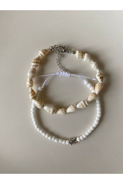 Stoneday 2-Piece Anklet - Turtle, Figured White Sand and Bead Seashell