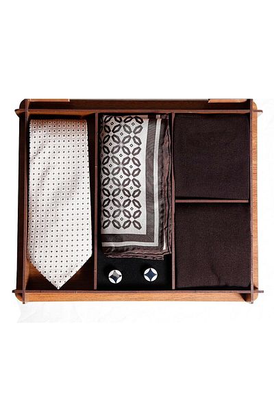 1001 Kravat Wooden Gift Boxed Silk Tie Silk Handkerchief Metal Cufflinks Men's Gift Set with Bamboo Socks
