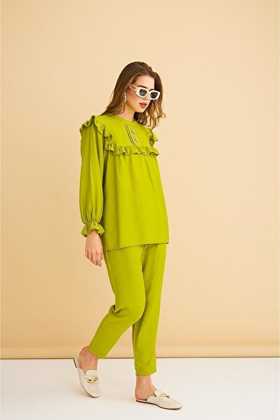 Basicpark Porty Stone Embroidered and Ruffle Detailed Olive Tunic Trouser Set