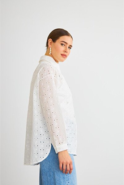 Basicpark Chiko Stone Embroidered White Embroidery Shirt