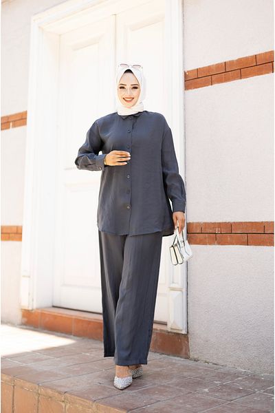 Tesettür Diyarı Anthracite Women's Trousers and Shirt Set - Set of 2