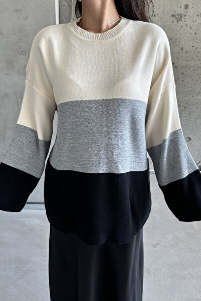 MODAGEN Black Crew Neck Double Color Women's Knitwear Sweater