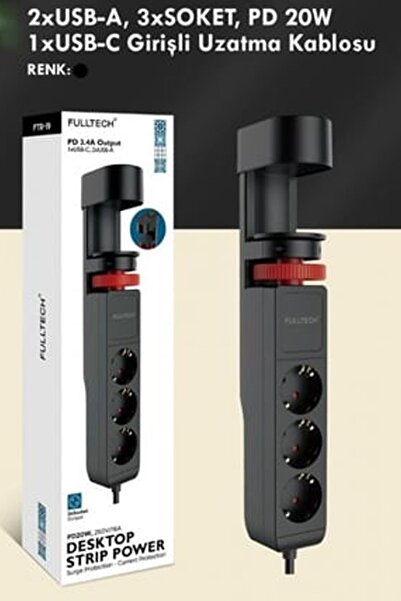 The Wlue 3'lü Akım Korumalı Priz Çoğaltıcı 20W Ofis Bilgisayar Masası için Priz 2X USB 1x Type-C 2 Metre