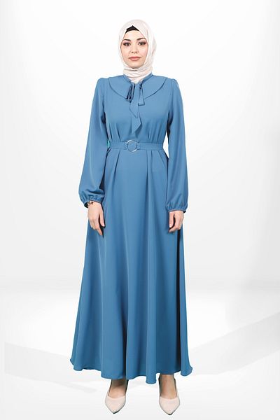 Beyza Indigo Color Hijab Dress with Tie-Up Detail and Belted Belt 5646