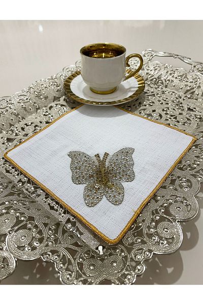 AYNAKIŞÇEYİZ 6 Pieces of Stoned Butterfly Patterned Linen Coffee Side Presentation Napkin