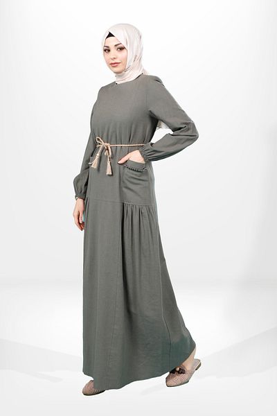 Beyza Χακί Χρώμα Φόρεμα Hijab - Crew Neck, Πέτρινη τσέπη και ζώνη με σχοινί 5654