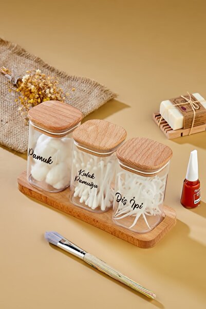 FBZhome Ahşap Standlı 3'lü Mika Kulak Pamuğu & Pamuk & Makyaj Pamuğu Organizeri 300 Ml Saklama Kutusu