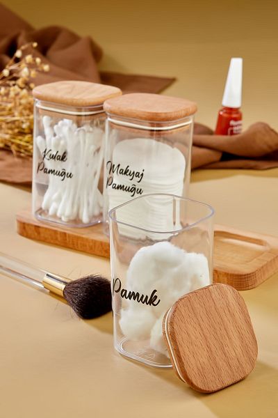 FBZhome Mica Ear Cotton Organizer 3 τεμαχίων - Ξύλινη βάση, κουτί αποθήκευσης 300 ml