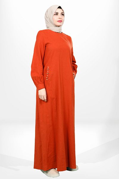 Beyza Λινό Φόρεμα Hijab με Λεπτομέρεια Πλακάκι Χρώμα Χάντρες - Crew Neck 5653