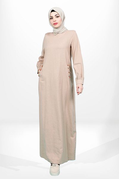 Beyza Λινό Φόρεμα Hijab σε χρώμα Camel - Crew Neck and Bead Detail 5653