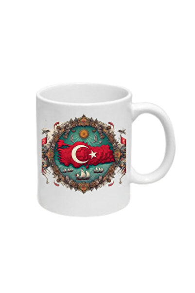 EYBaskı Tasarım كوب بورسلين أبيض مطبوع عليه علم تركي