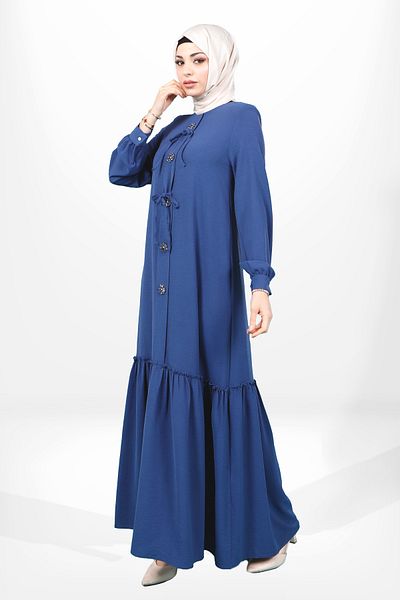 Beyza Indigo Color Hijab Dress - Μπροστινό φιόγκο και λεπτομέρεια λουλουδιών, κορδόνι φούστα 5656