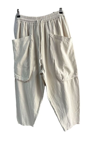 Rosidam Beige Linen Shalwar - Women's Trousers with Double Pockets on the Front