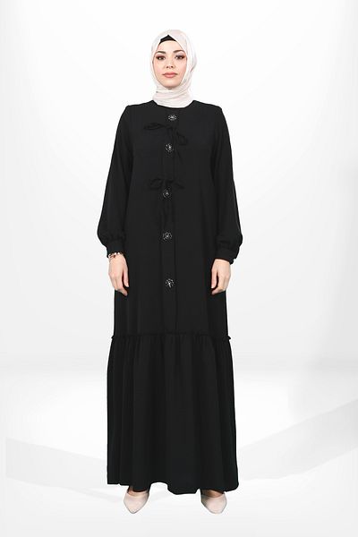 Beyza Μαύρο Φόρεμα Hijab - Φούστα με φιόγκο και λουλούδια 5656