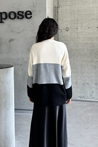 MODAGEN Black Crew Neck Double Color Women's Knitwear Sweater