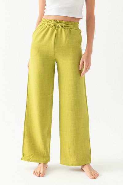 CNRCollection Oil Green High Waist and Pocket Comfortable Linen Look Women's Palazzo Trousers