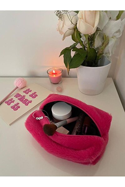 Barbie Pembe Peluş Makyaj Çantası / Kalemlik / Orta Boy Kozmetik Çantası