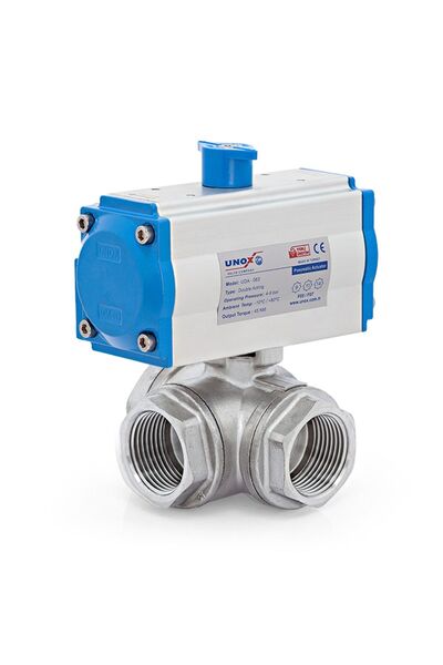 Unox ÇİFT ETKİLİ PNÖMATİK AKTÜATÖRLÜ PASLANMAZ 3 YOLLU L PORT DİŞLİ KÜRESEL V...