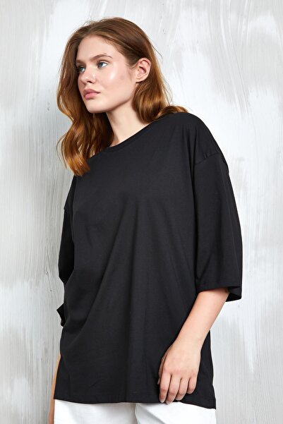 minaaise Siyah Oversize Basic Penye T-shirt 25358