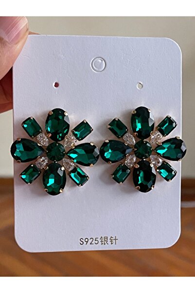 Rupen Kraft Yeşil Baget Taşlı Çiçek Küpe Abiye Küpe