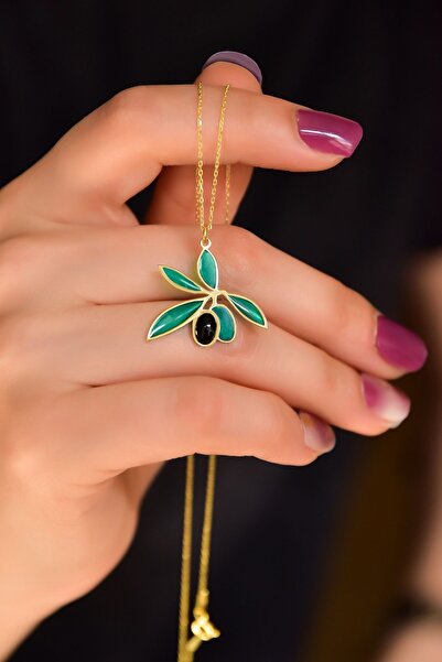 Sinsirella 925 Ayar Gümüş Altın Kaplama Oniks Taşlı Zeytin Dalı Kolye