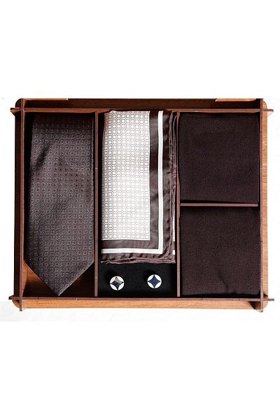 1001 Kravat Men's Gift Set with Wooden Box Silk Tie Silk Handkerchief Metal Cufflink Bamboo Socks