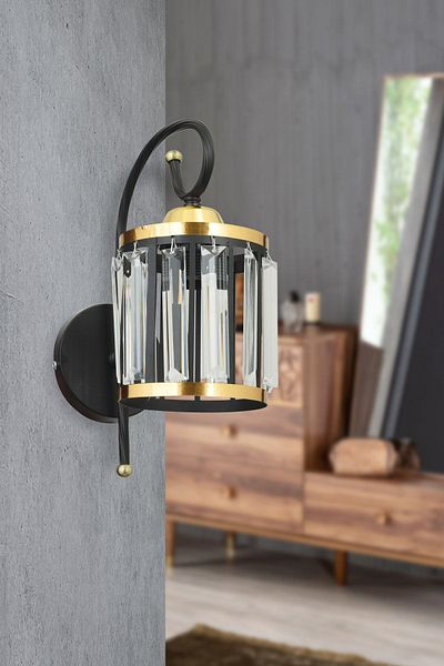 SONSUZ AYDINLATMA&AVİZE Tower Black Crystal Stone Yellow Striped Cylinder Downward Facing Modern Sconce