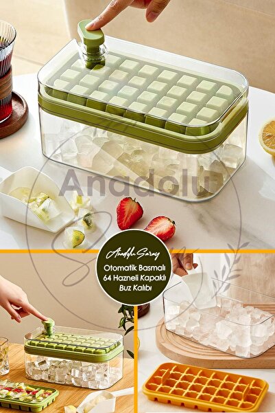 Anadolu Saray Pratik 64 Hazneli Otomatik Basmalı Kapaklı Buz Kalıbı Çift Bölm...