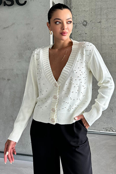 MODAGEN Weiße Damen-Strickjacke mit V-Ausschnitt und Perlendetails