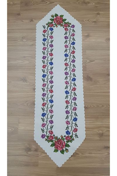WENESSİ Colorful Rose Cross Stitch Patterned Printed Polyester Fabric Runner (140×40 cm)