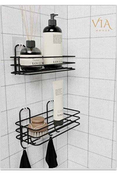 VİE HOUSE 2li Set Siyah Şampuanlık Banyo Düzenleyici Yapışkanlı 4 Askılı Duş Rafı Organizer