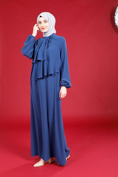 Beyza Indigo Color Hijab Dress - Diamond γιακά και κρυφό φερμουάρ με λεπτομέρεια 5529