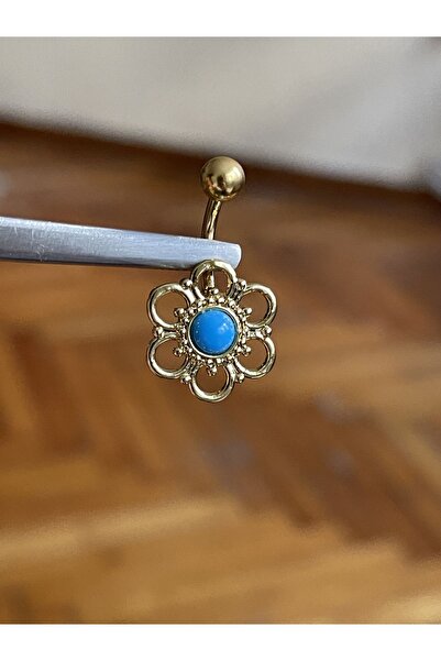 Rupen Kraft 316 L Cerrahi Çelik Gold Rengi Yonca Model Mavi Taşlı Göbek Pierc...