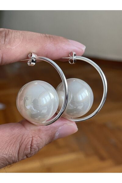 Rupen Kraft Silver Color Large Size Pearl Detailed Half Hoop Luxury Earrings