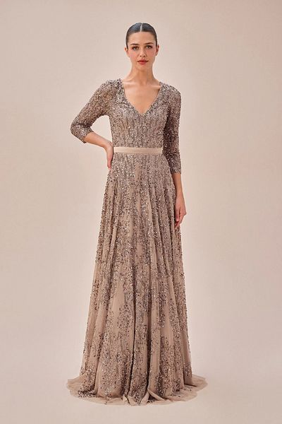 Oleg Cassini Mink Long Sleeve Sequin Embroidered Long Evening Dress 4Xlwgin19027C
