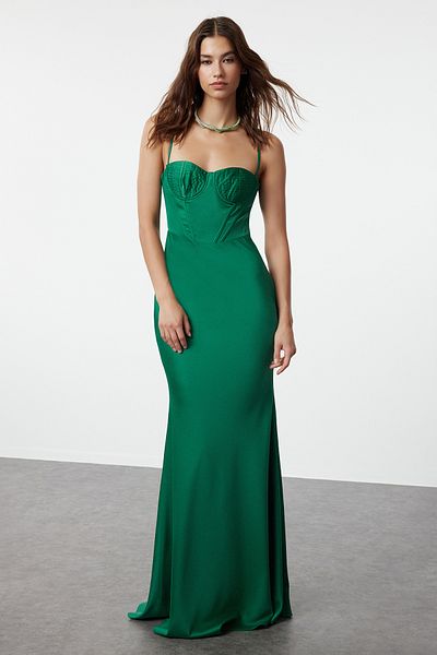 Trendyol Collection Emerald Green Woven Satin Fish Cut Long Evening Dress & Graduation Dress Tprss24Ae00001