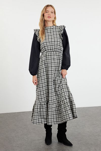 Trendyol Modest Ecru Tweed Dress with Poplin Sleeves - TCTAW25EB00060