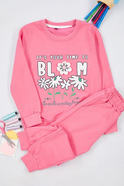 TRENDYOLKIDS Girls Fuchsia Floral Printed Knitted Sweatshirt and Sweatpants Set - Tkdaw25Au00027