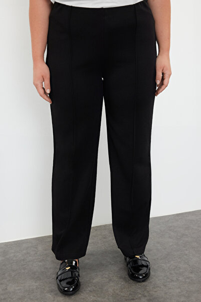 Trendyol Curve Čierne, detailne elastické pletené nohavice v páse veľkej veľkosti