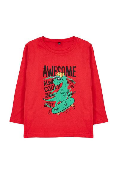 TRENDYOLKIDS Rotes Baumwoll-T-Shirt mit Dinosaurier-Muster für Jungen – Rundhalsausschnitt TKDAW25TS00009