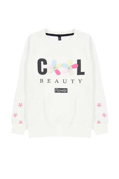 Trendyol Collection Crew Neck Embroidered Ecru Girl's Sweatshirt - Flower/Slogan TKDAW25SW00008