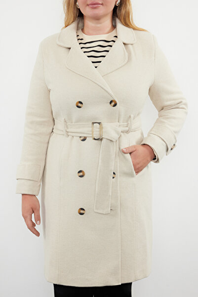 Trendyol Curve Bézs gyapjú kevert bélyegző kabát - öv részletes, normál szabású TBBAW25DD00008