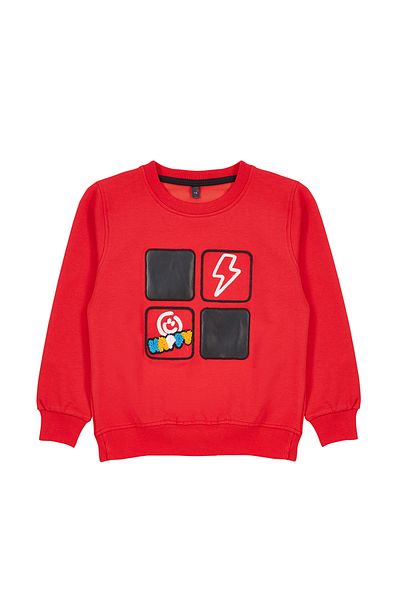 TRENDYOLKIDS سويت شيرت محبوك موسمي أحمر للأولاد - منقوش رقيق TKDAW25SW00007