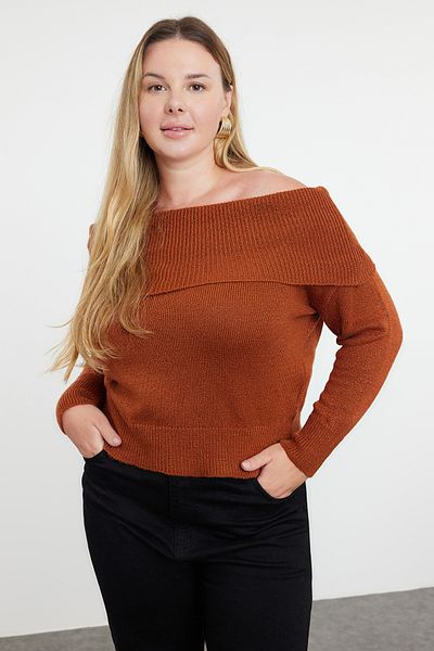 Trendyol Curve Carmen Collar Brown Knitwear Sweater - TBBAW25AN00010