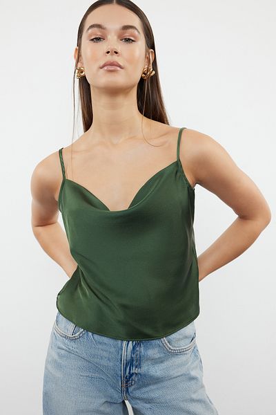 Trendyol Collection Strappy Khaki Satin Μπλούζα - Γιακάς Degaje, TWOSS19BB0161