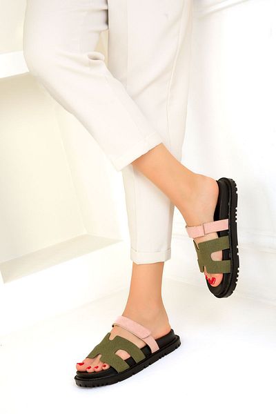 SOHO Powder Colored Khaki Suede Women's Slippers - 19290