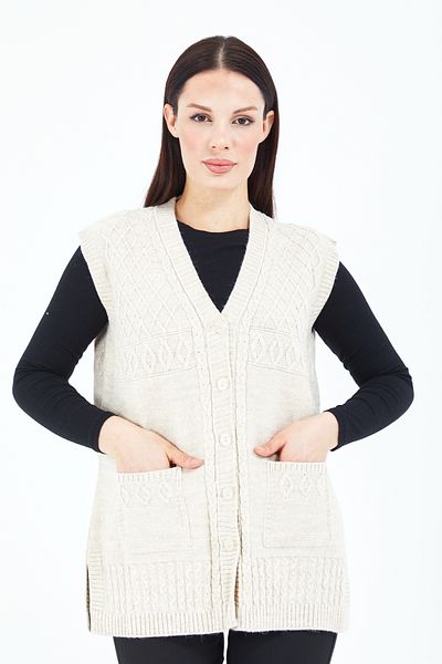 Stilmony Women's Cream Buttoned Mother Wool Vest with Pockets